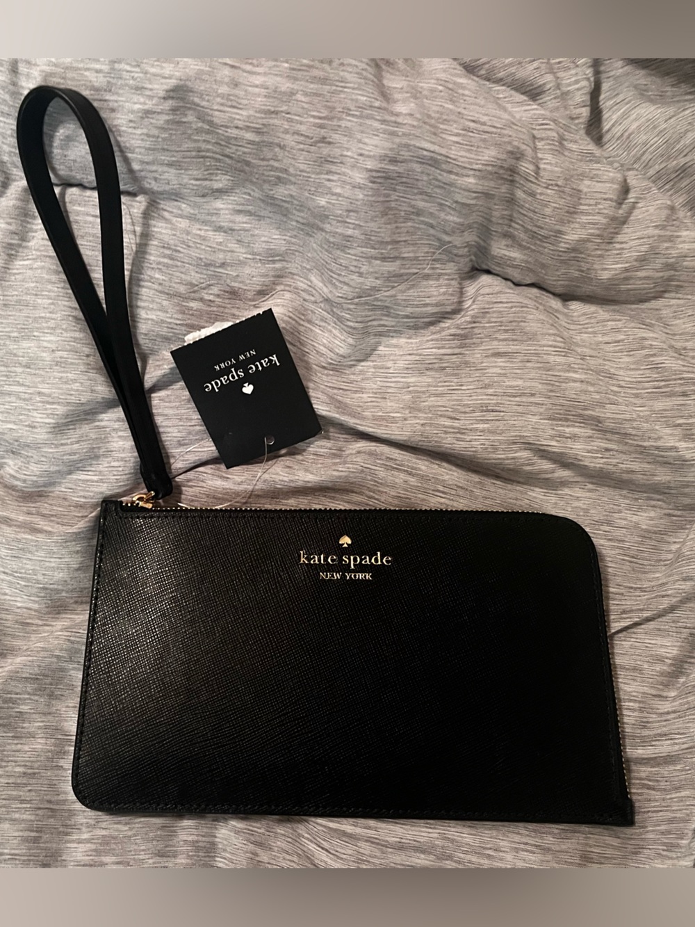 kate spade Lucy Black Leather Wristlet with Gold Logo NWT